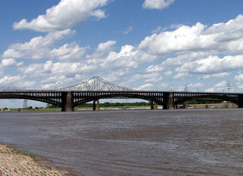 View of suspension bridge over river