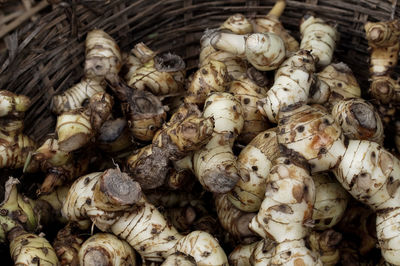 Close-up of vegetables in wicker basket at market for sale