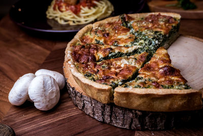 High angle view of pizza on table