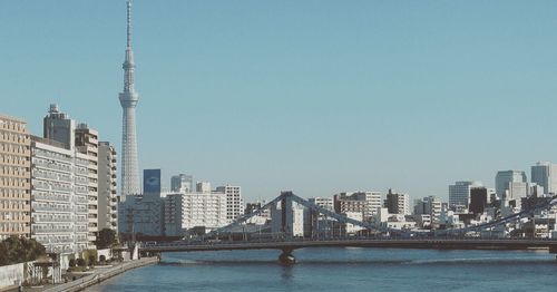 Tokyo sky tree amidst buildings in front of river against clear sky