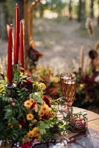 Close-up of red chili peppers on table