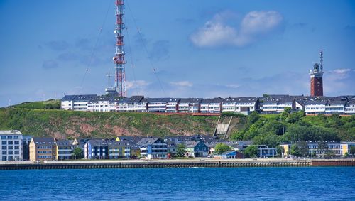 Scenic view of buildings by city against sky