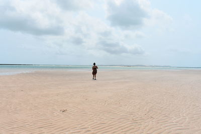 Rear view of boy on beach against sky