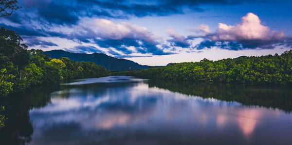 Scenic view of lake against cloudy sky