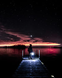 Rear view of woman standing by illuminated lake against sky at night