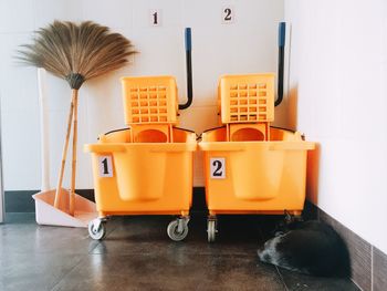 Cat sleeping by empty containers on floor at home