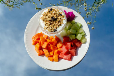 High angle view of breakfast served on table