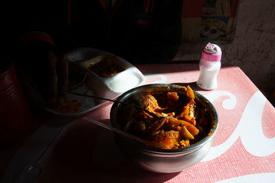 High angle view of meal served on table