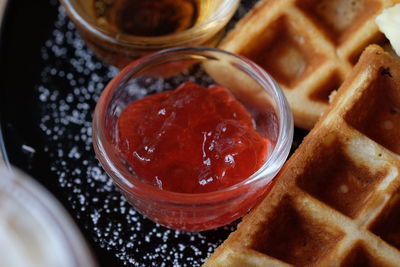 High angle view of breakfast on table