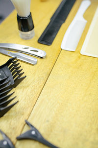 High angle view of equipment on table