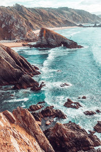 Landscape of a rocky cliff near the ocean in loiba, galicia