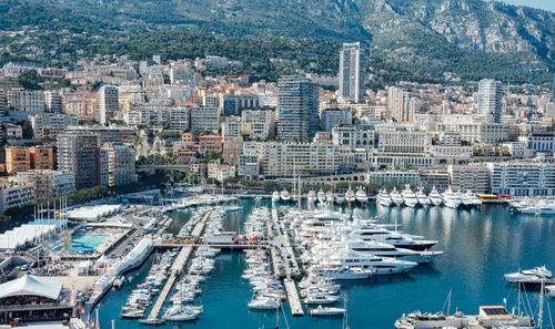 High angle view of boats moored in harbor