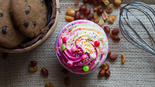 High angle view of dessert on table