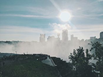 Panoramic shot of buildings in city against sky