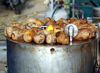 High angle view of meat on barbecue grill