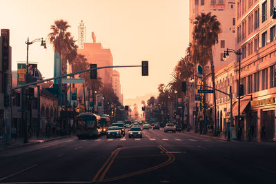 Cars on city street by buildings against sky during sunset