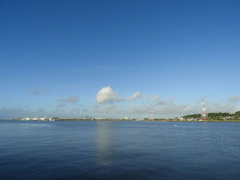 Scenic view of sea against blue sky