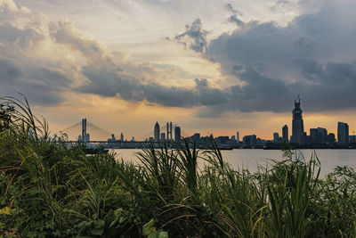 View of city at sunset