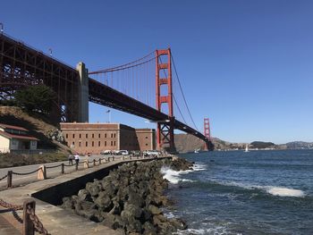 Suspension bridge over sea against clear blue sky