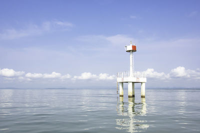 Lighthouse by sea against sky