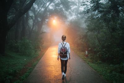 Rear view of woman walking on road amidst trees during foggy weather