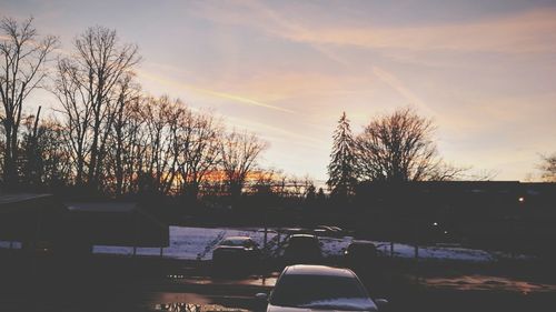 Bare trees against sky at sunset