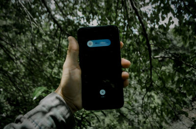 Midsection of man using mobile phone against trees