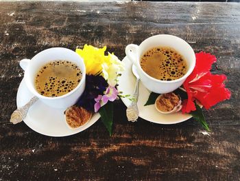 High angle view of breakfast and coffee on table