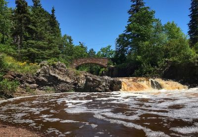 Scenic view of waterfall in forest against clear sky