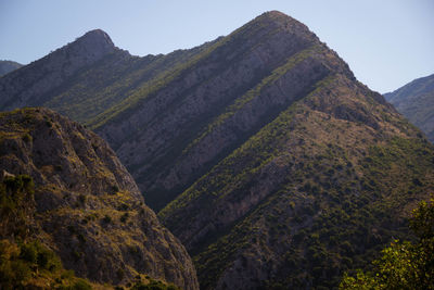 Low angle view of rocky mountains against clear sky