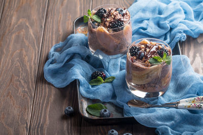 High angle view of dessert on table