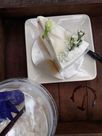 High angle view of ice cream in bowl on table