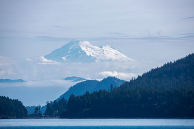 Scenic view of lake by mountains against cloudy sky