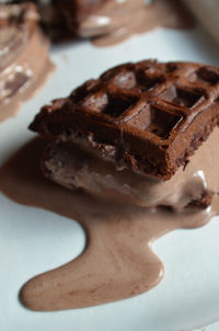 Close-up of waffle with chocolate ice cream in plate