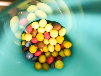 High angle view of multi colored candies in pool