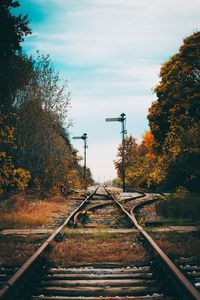 Railroad track amidst trees against sky during autumn