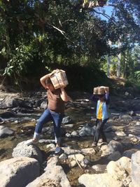 Rear view of men walking on rock in forest