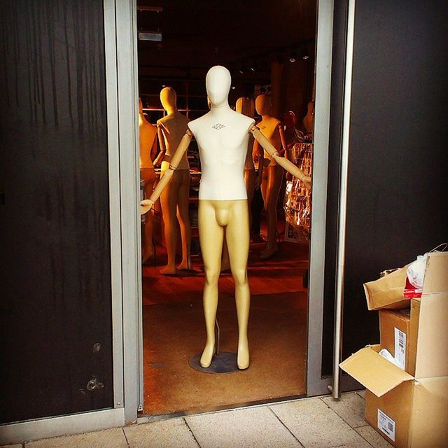 indoors, human representation, art, art and craft, statue, creativity, sculpture, full length, mannequin, animal representation, door, person, fashion, standing, auto post production filter, home interior