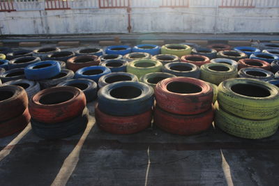 Stack of containers on floor