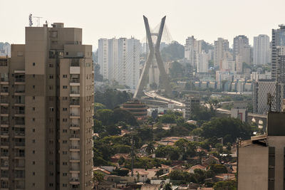 Buildings in city against clear sky