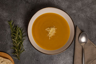 High angle view of soup in bowl on table