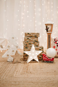 Beautiful christmas decoration at home, christmas tree, gifts and ornaments