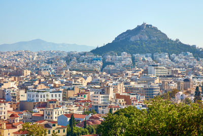 High angle view of townscape against clear sky