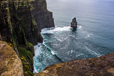 High angle view of rocks on sea shore