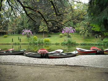 Boats moored in lake against trees