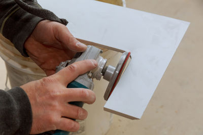 High angle view of man working at table