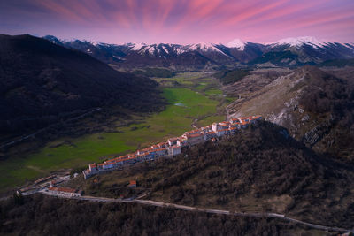 Aerial photo at sunset of the town of opi abruzzo