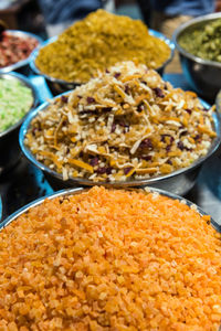 High angle view of various food for sale at market stall