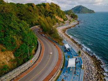 High angle view of road by sea