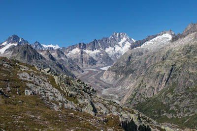 Scenic view of snowcapped mountains against clear sky